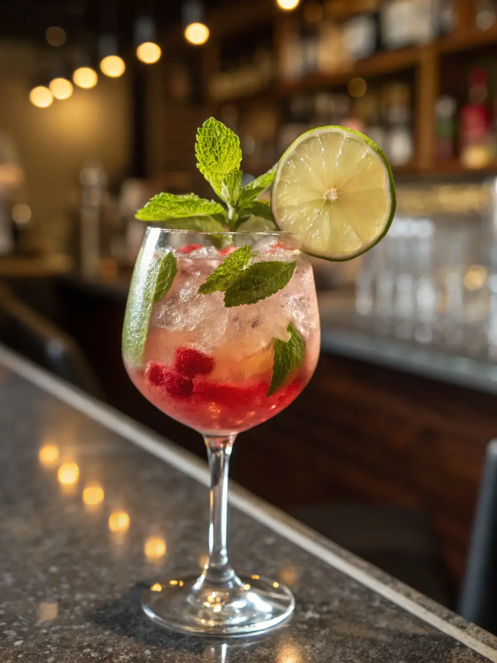 A vibrant and refreshing summer mocktail, featuring watermelon, mint, and lime, served in a tall glass with ice. The background is a sunny outdoor setting.
