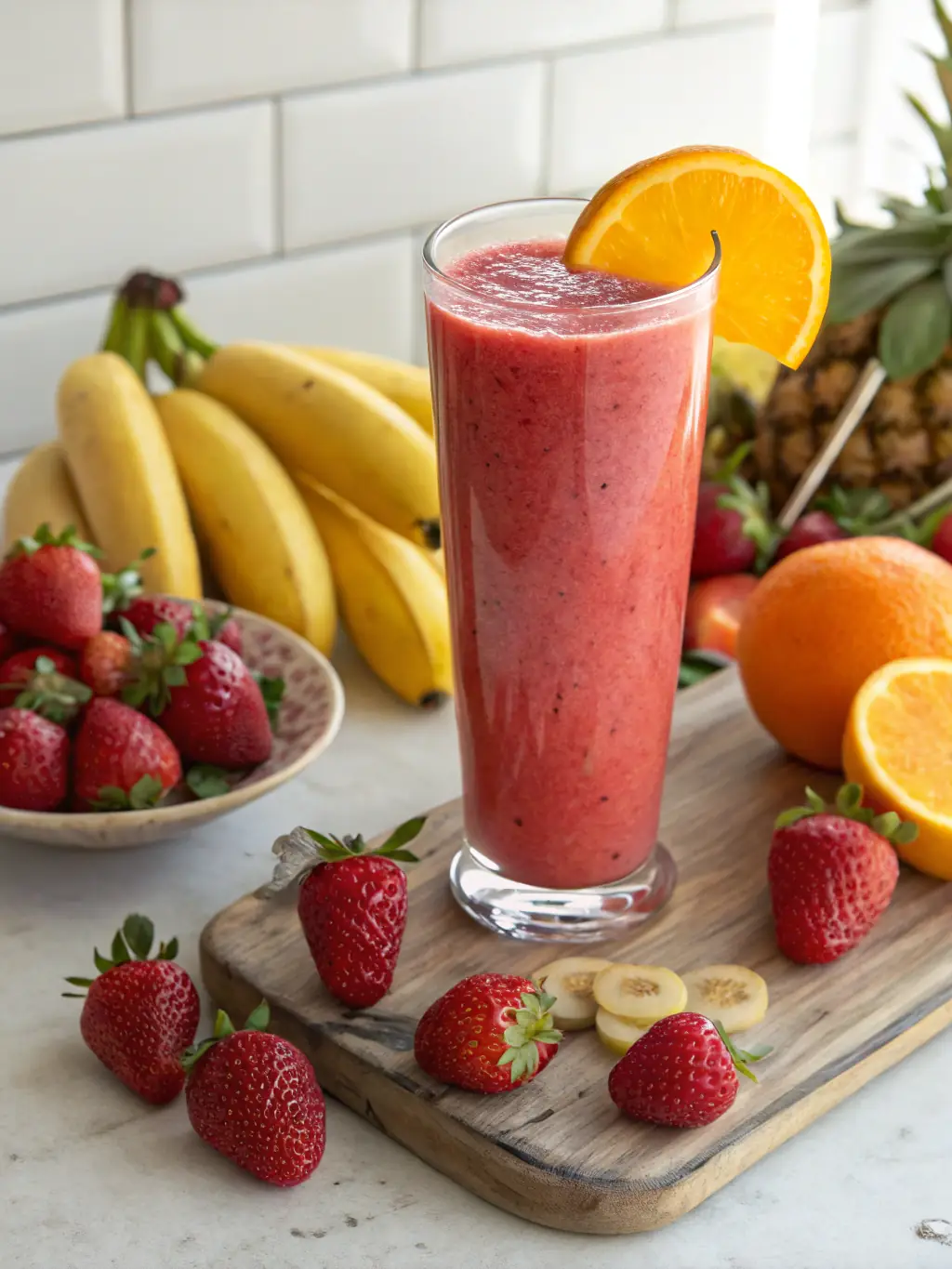 A selection of healthy and delicious smoothies made with fresh fruits and vegetables, displayed in clear glasses. The background is a bright and airy kitchen setting.
