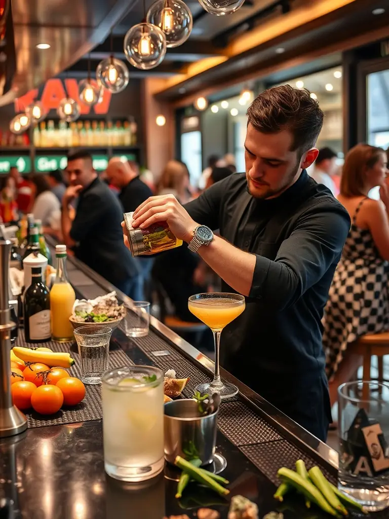 A close-up shot of a bartender crafting a mocktail, showcasing the techniques and ingredients used. The background is a well-stocked bar with various fruits and herbs.