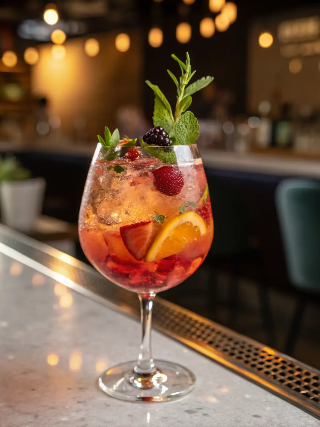 A visually appealing image of a variety of colorful and refreshing alcohol-free cocktails, garnished with fresh fruits and herbs, served in elegant glassware. The background is a softly lit bar setting.